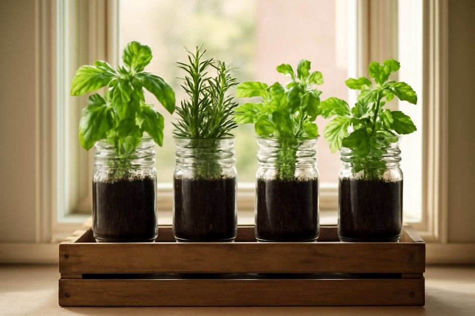 Row of mason jars with herbs on a wooden crate by a sunny kitchen window
