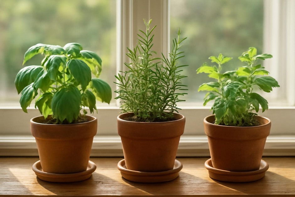 Three potted kitchen herbs on a sunny windowsill