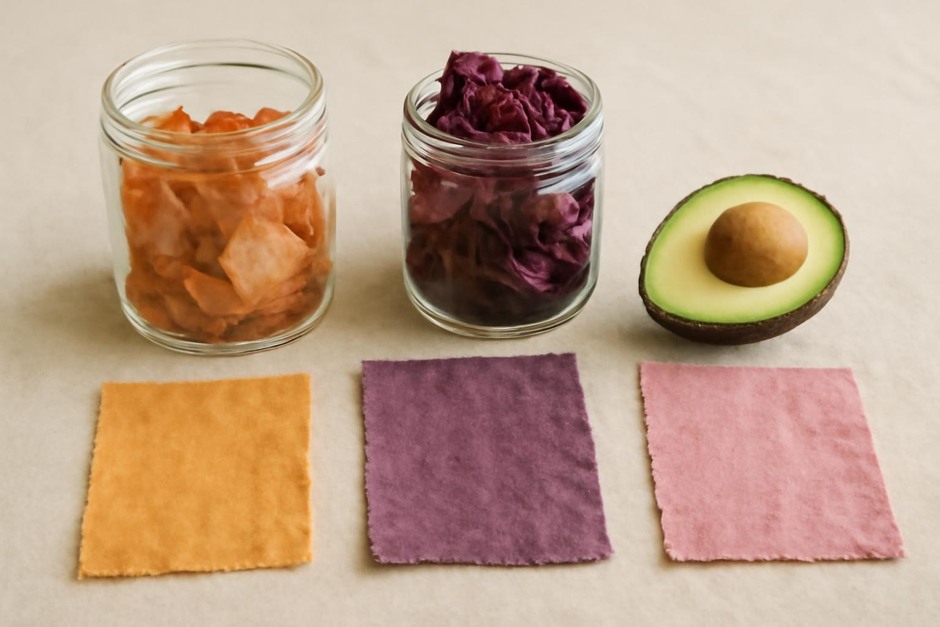 Swatches of fabric dyed in orange, purple and rose tones laid out beside jars of onion skins, red cabbage and avocado