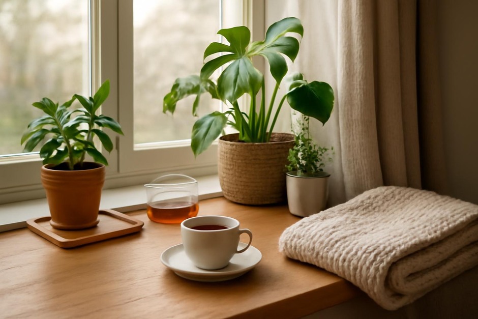 Cozy window nook with plants, a cup of tea, and a folded blanket